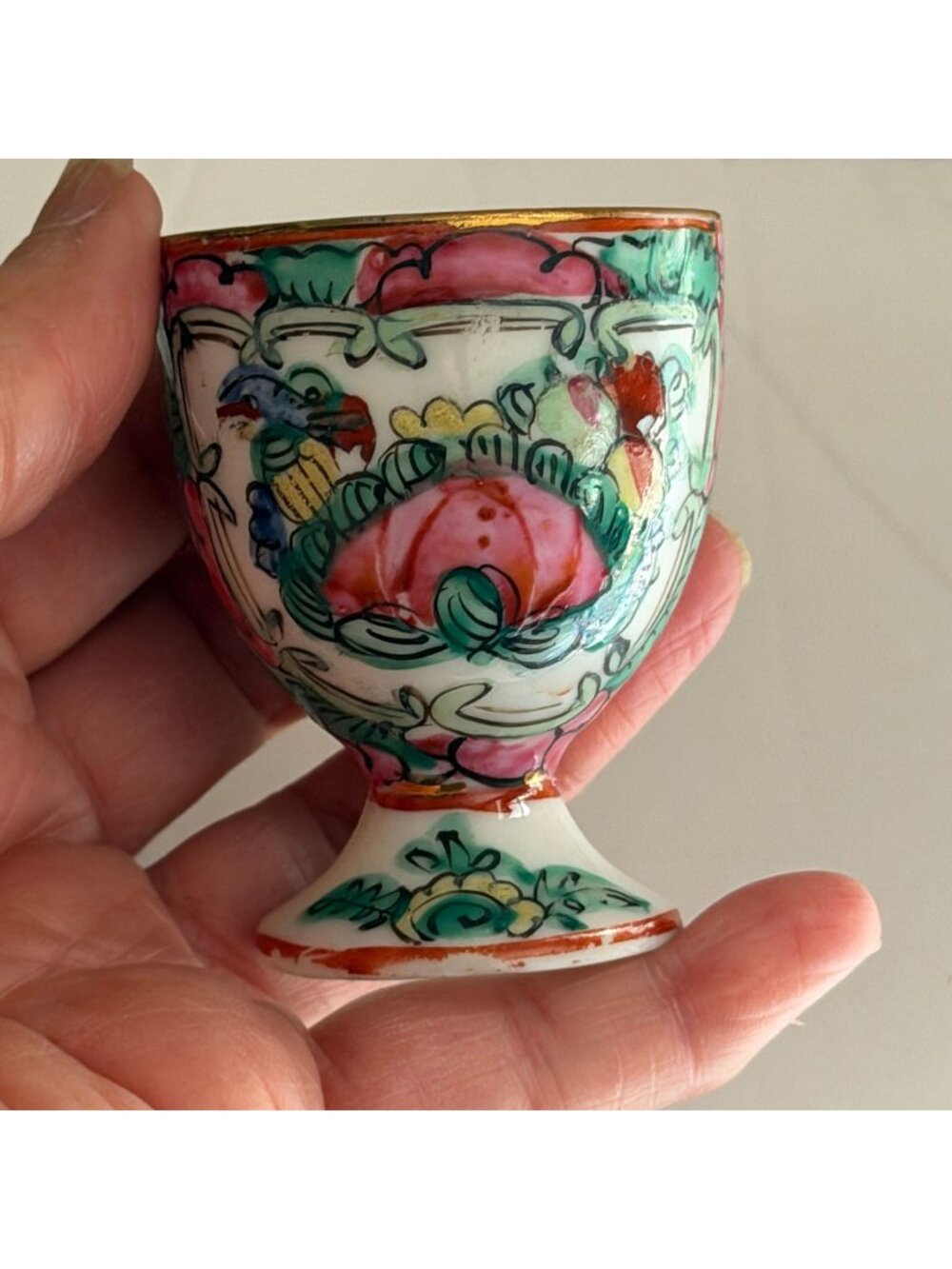 Antique Rose Famille Canton Chinese Export Footed Egg Cup 2.5" c. 1870-1890